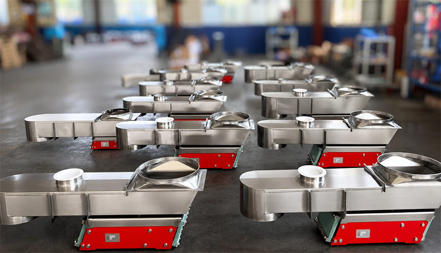 Stainless steel electromagnetic vibrating feeders ready for shipment at VRV factory