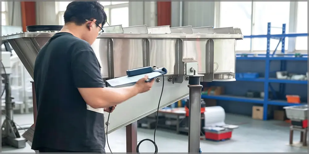 Technician testing running stability of food grade SS304 vibrating feeder in workshop