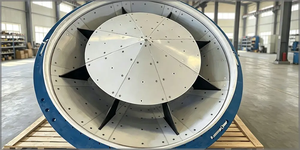 Internal view of Φ2350 bin activator fitted with wear-resistant UPE lining, anti-bridging silo activator for silica sand raw material